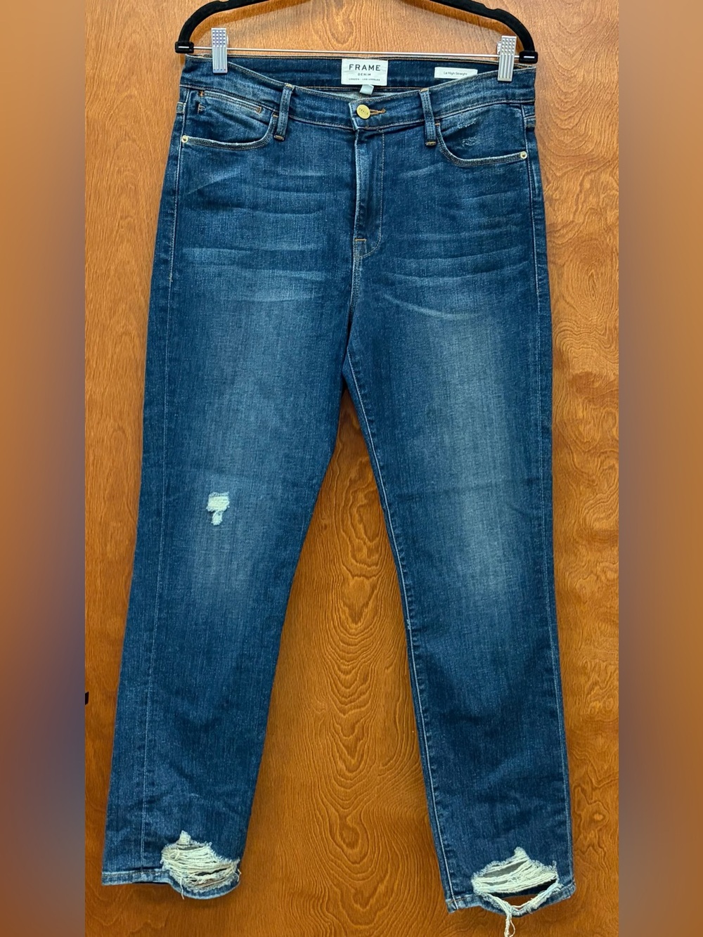 Frame “Le High” Straight Jeans Distressed Mid Rise Ankle mid indigo blue size 31